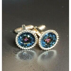 Vintage1960s DANTE Peacock Faceted Bezel Cufflinks with Goldtone Rope Border